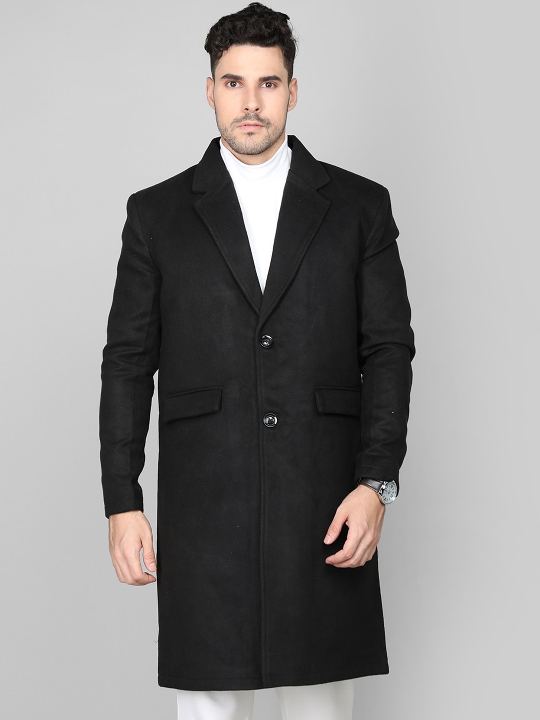 

CHKOKKO Single Breasted Longline Woollen Overcoat, Black