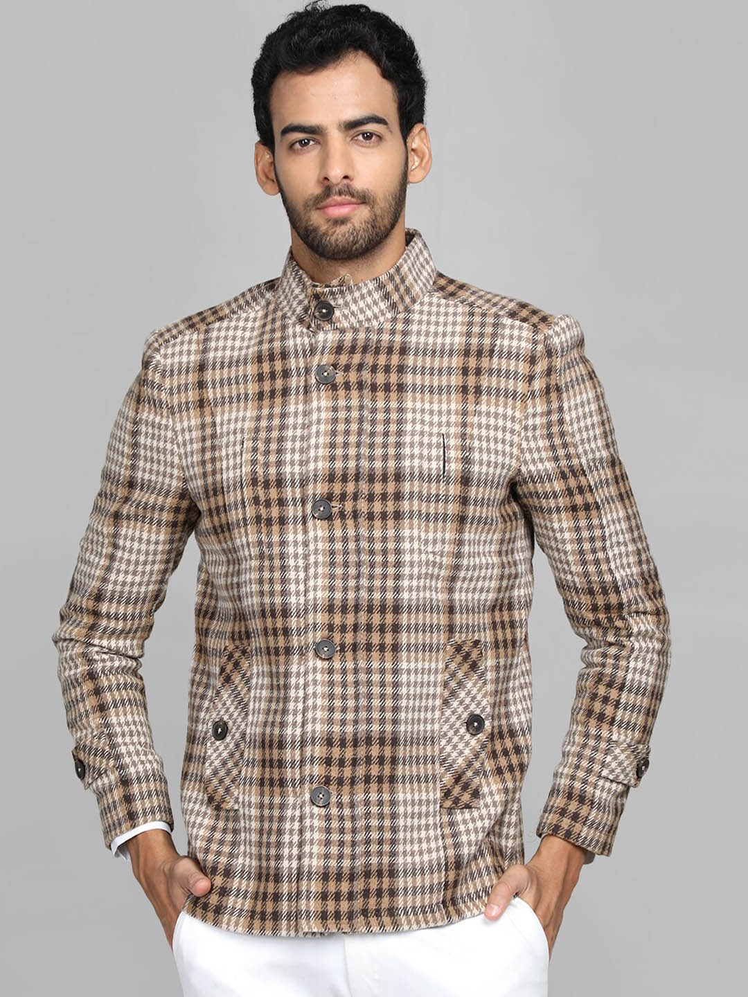 

CHKOKKO Checked Stand Collar Pea Coat, Beige