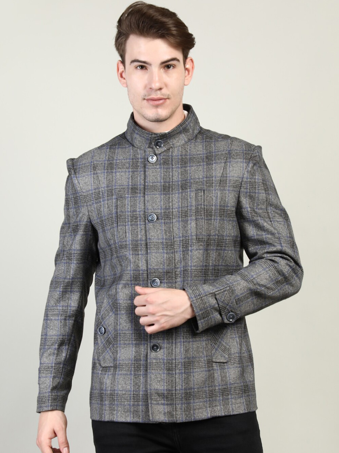 

CHKOKKO Checked Stand Collar Overcoat, Grey