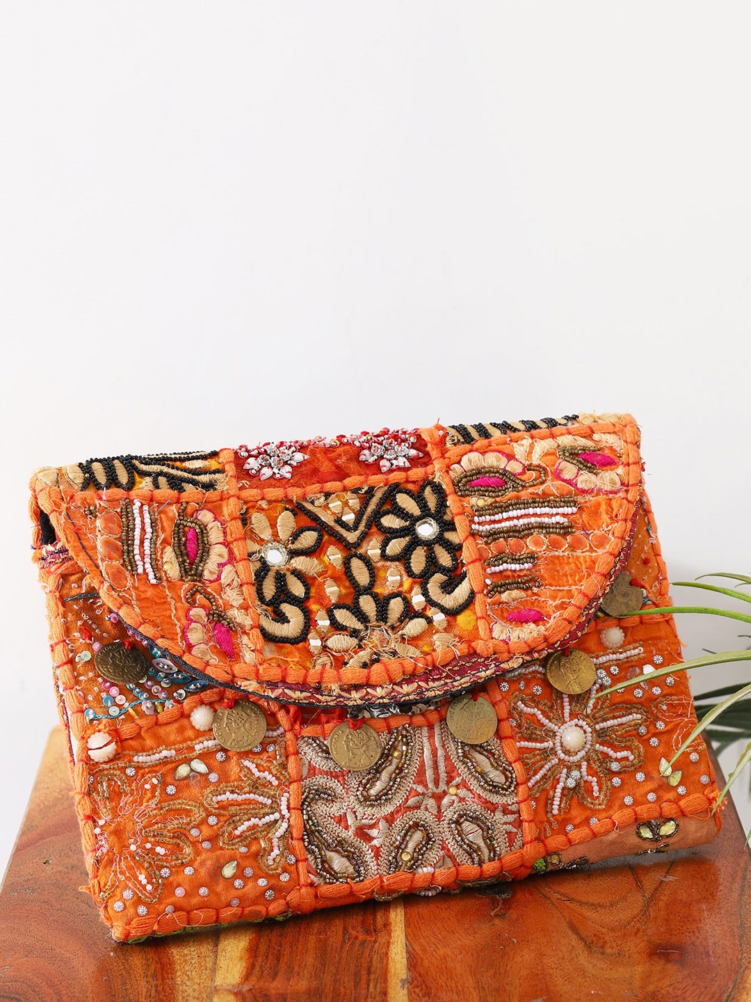

HANDICRAFT PALACE Floral Embroidered Structured Sling Bag, Orange