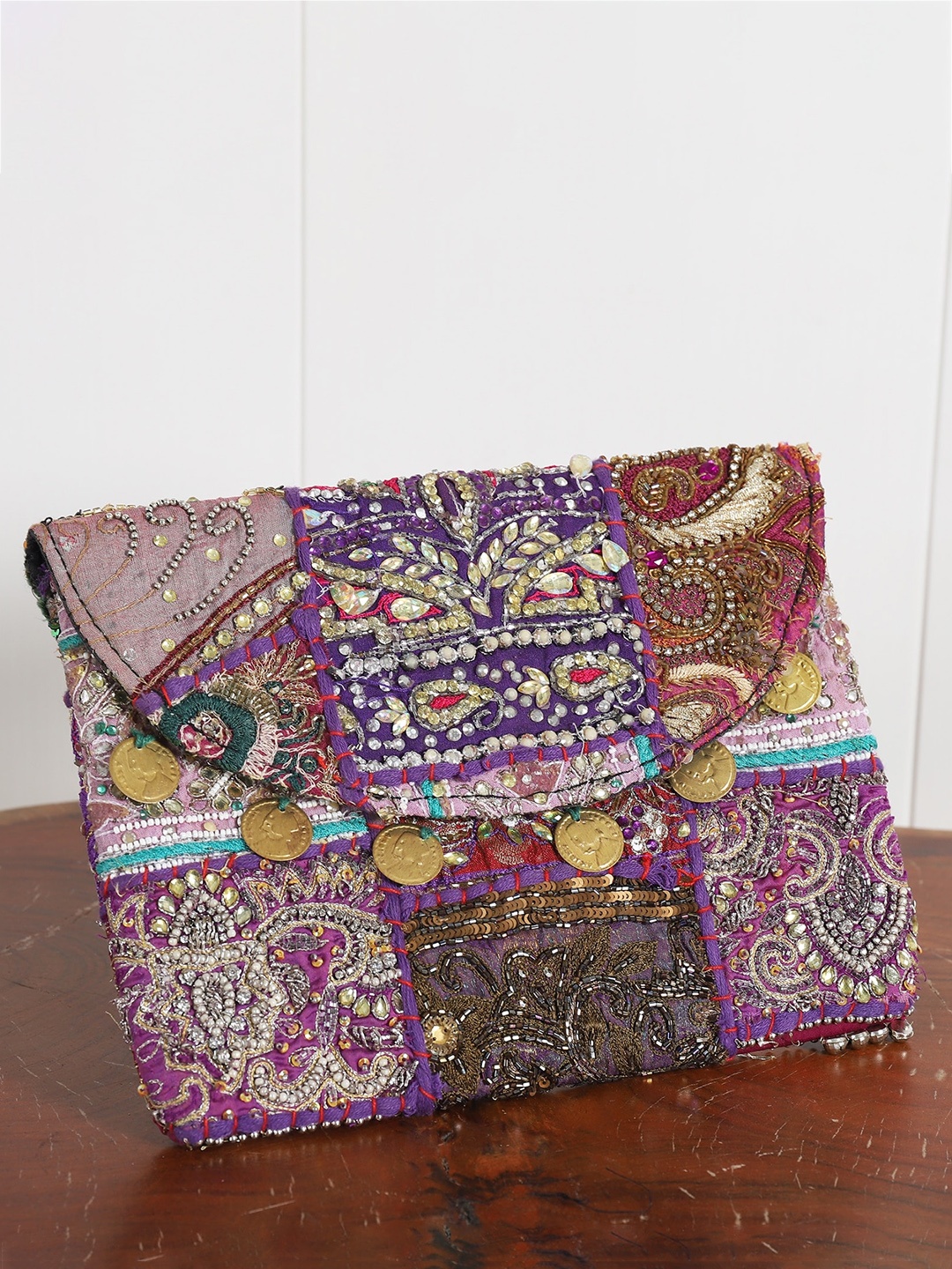 

HANDICRAFT PALACE Ethnic Motifs Embroidered Oversized Sling Bag With Applique, Purple