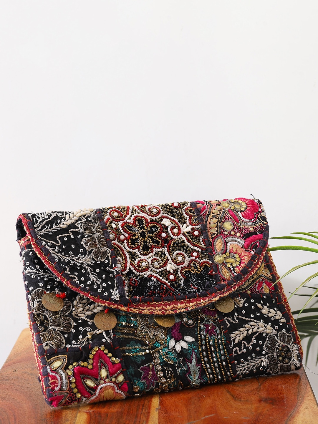 

HANDICRAFT PALACE Ethnic Motifs Embroidered Structured Sling Bag, Black