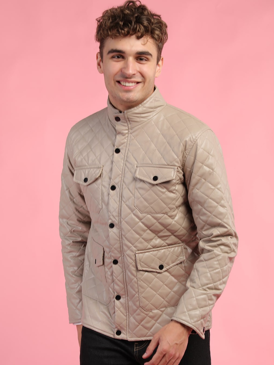 

CHKOKKO Stand Collar Quilted Jacket, Beige