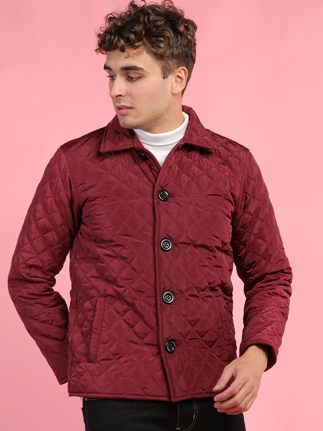 

CHKOKKO Spread Collar Quilted Jacket, Maroon