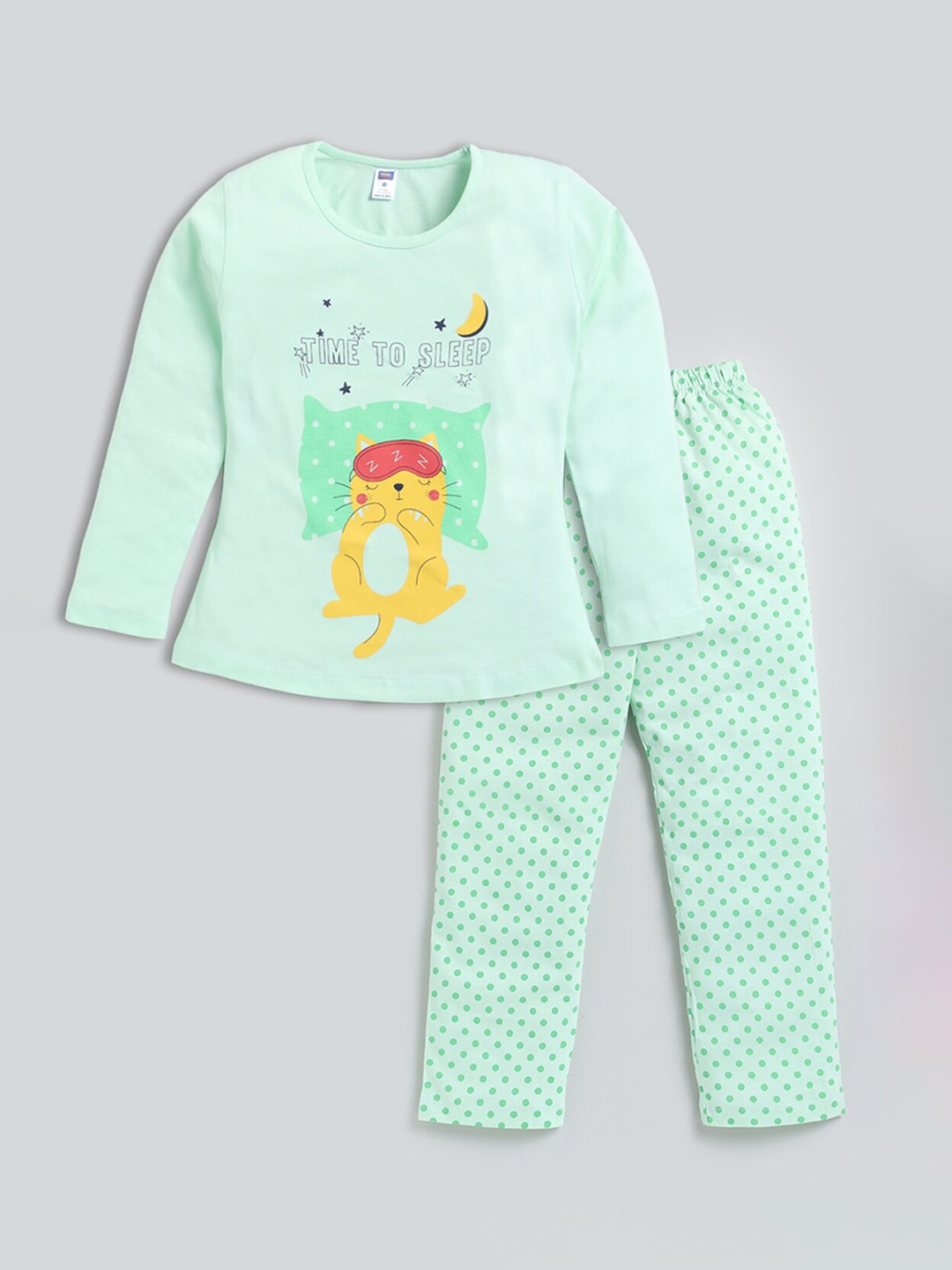 

Nottie Planet Girls Cat Printed Pure Cotton Night suit, Sea green