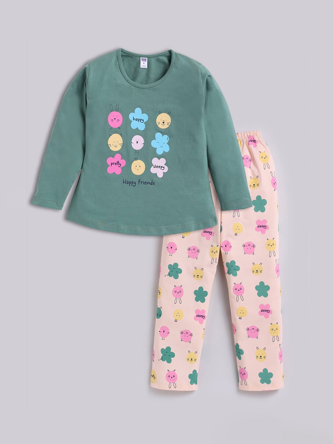 

Nottie Planet Girls Printed Pure Cotton T-Shirt With Trousers, Green