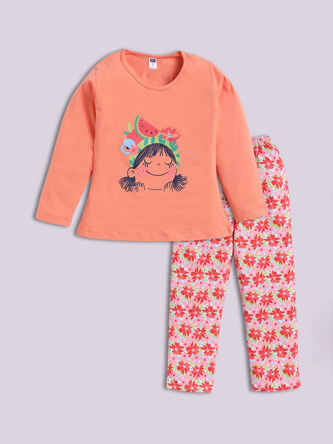 

Nottie Planet Girls Graphic Printed Pure Cotton T-Shirt With Trousers, Coral