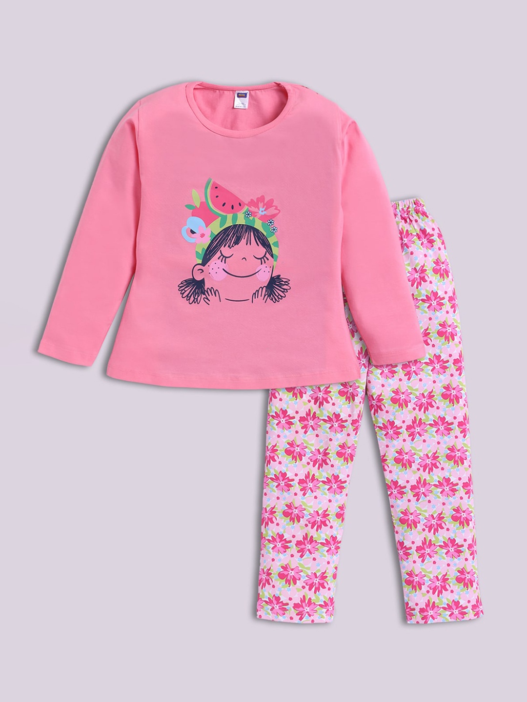 

Nottie Planet Girls Fruit Printed Pure Cotton Night suit, Pink