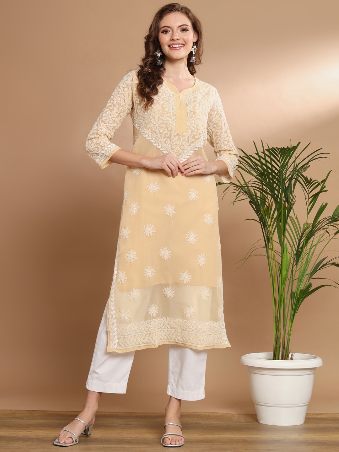 

Ethnava Floral Embroidered Round Neck Georgette Straight Kurta, Beige