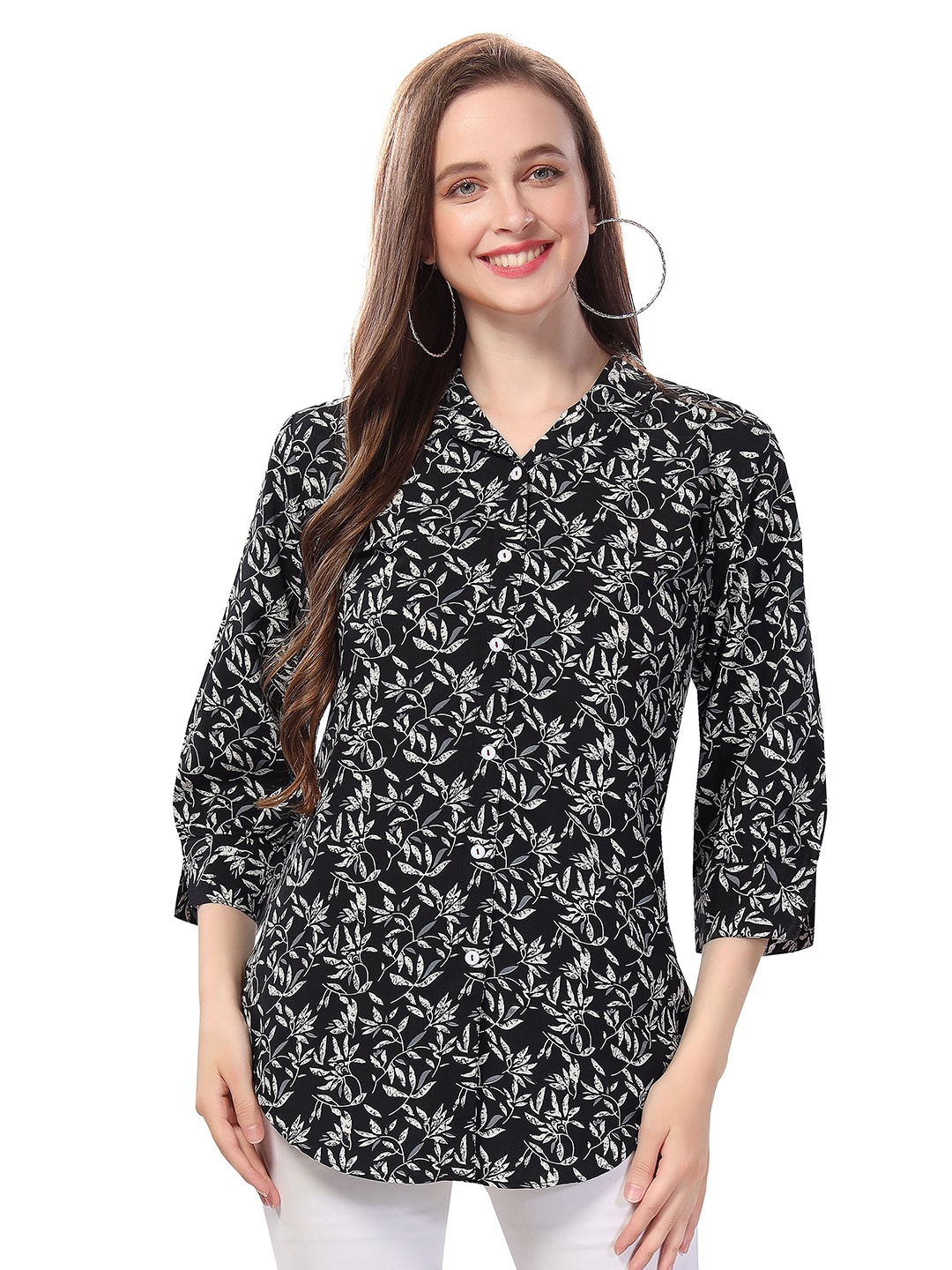 keshubaba Floral Printed Shirt Style Top, Black