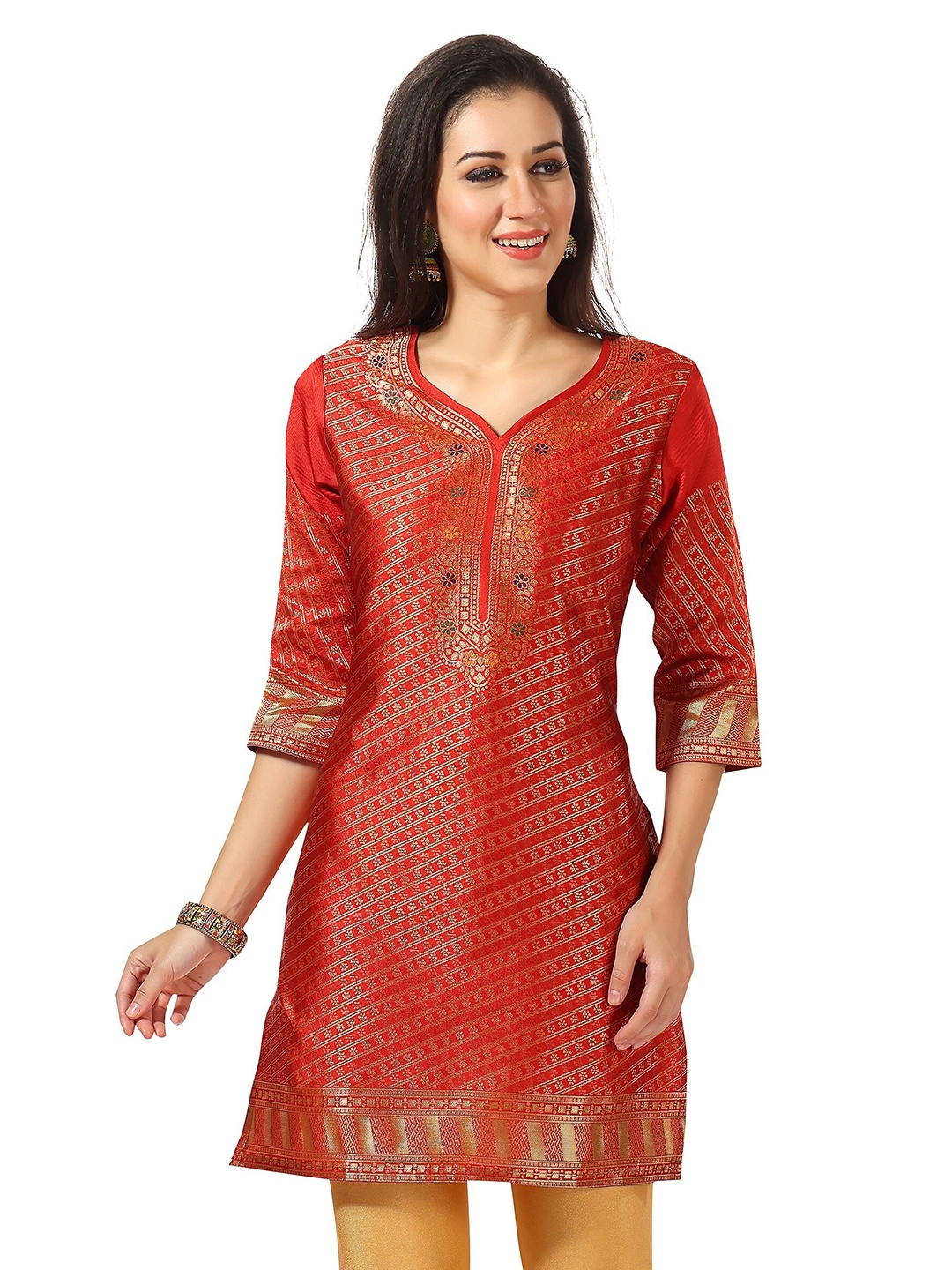 

keshubaba Ethnic Motifs Woven Design V-Neck Kurti, Red