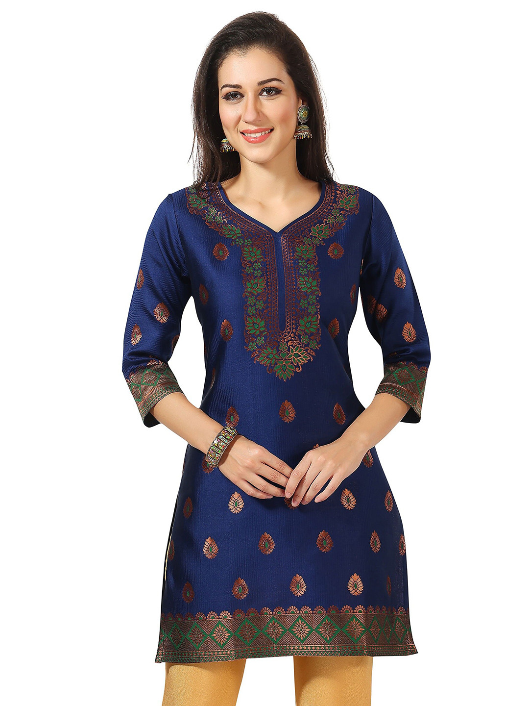 

keshubaba Ethnic Motifs Woven Design V-Neck Kurti, Navy blue