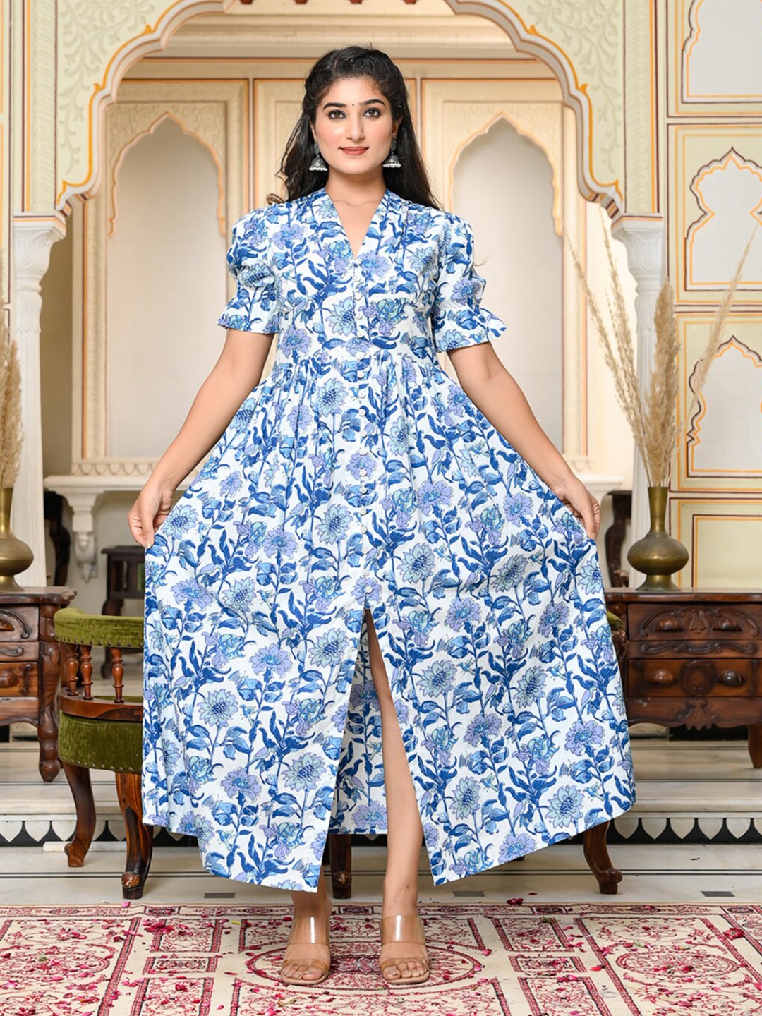 

GULAB CHAND TRENDS Floral Printed V-Neck Gathered Detailed Cotton A-Line Maxi Ethnic Dress, Blue