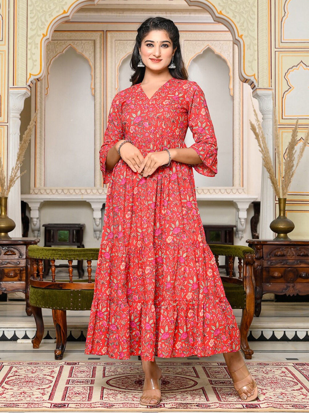 

GULAB CHAND TRENDS Floral Printed Bell Sleeves Tiered Cotton Maxi Ethnic Dresses, Red