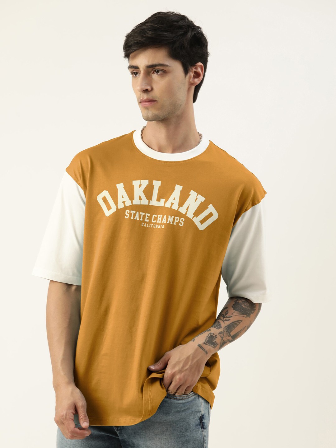 

Maniac Typography Printed Pure Cotton Oversized T-shirt, Mustard