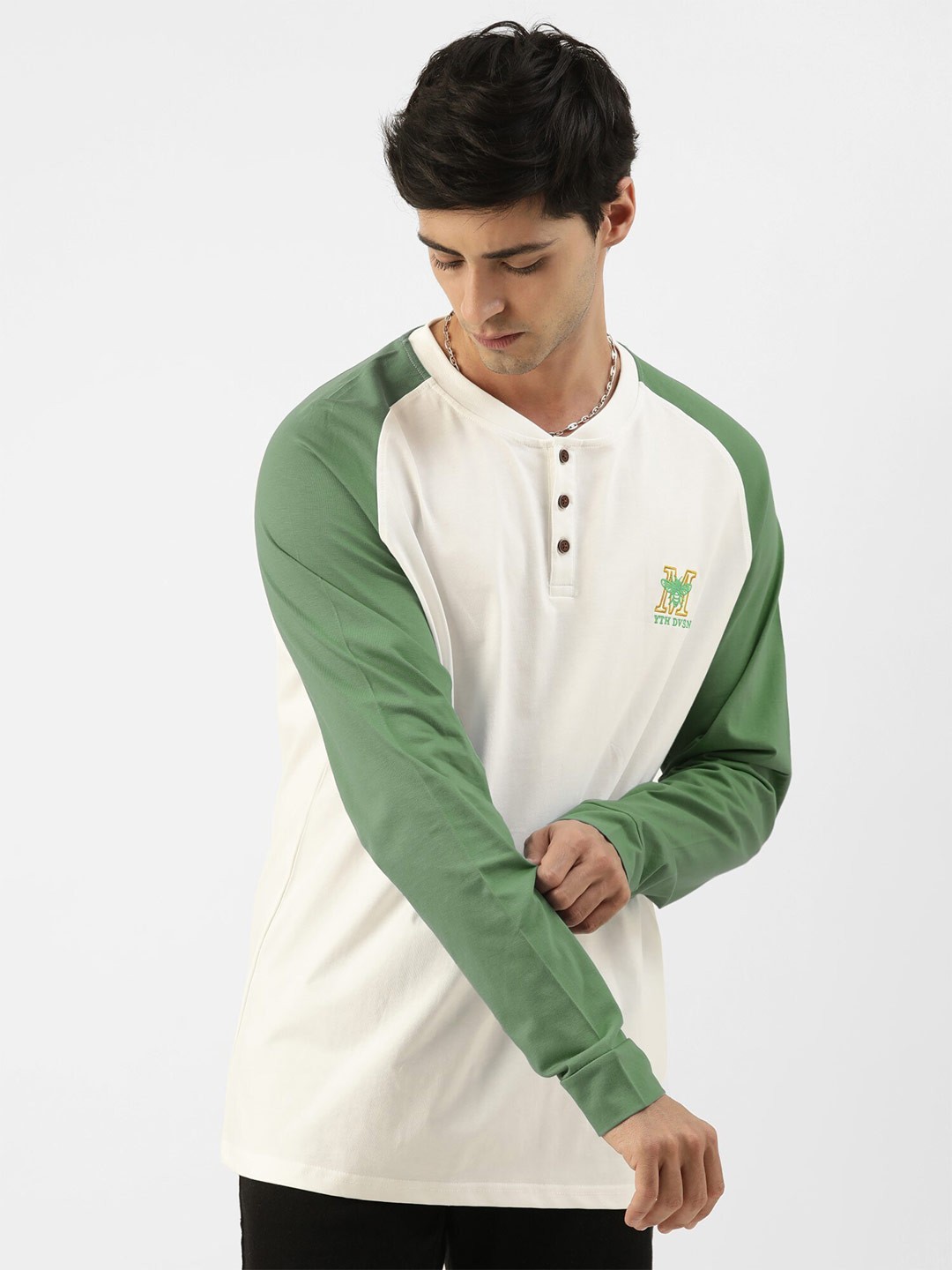 

Maniac Henley Neck Raglan Sleeves Pure Cotton Oversized T-shirt, White
