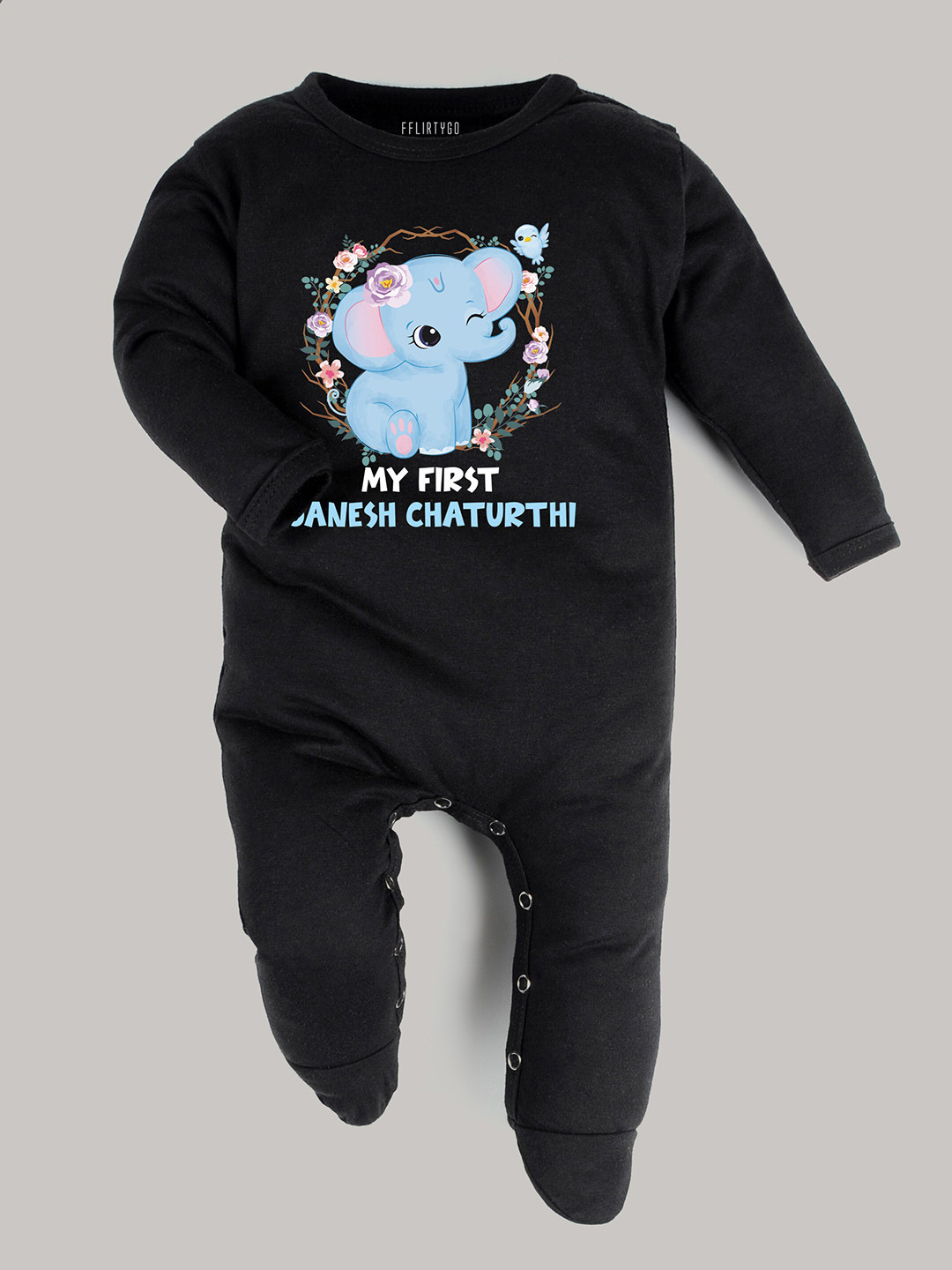 

FFLIRTYGO Infant Ganesh Chaturthi Printed Pure Cotton Sleepsuit, Black