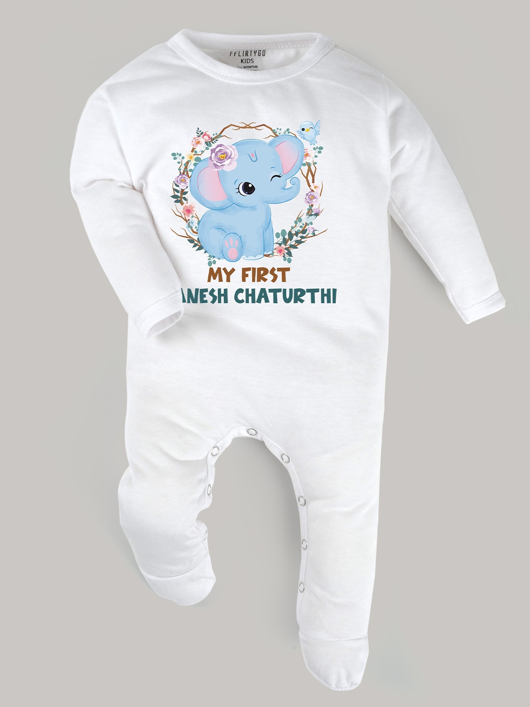 

FFLIRTYGO Infants Ganesh Chaturthi Special Printed Pure Cotton Sleepsuit, White