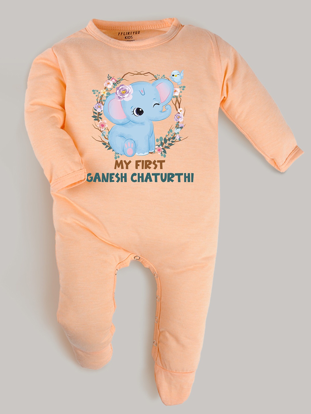 

FFLIRTYGO Infants My First Ganesh Chaturthi Pure Cotton Sleepsuit, Peach