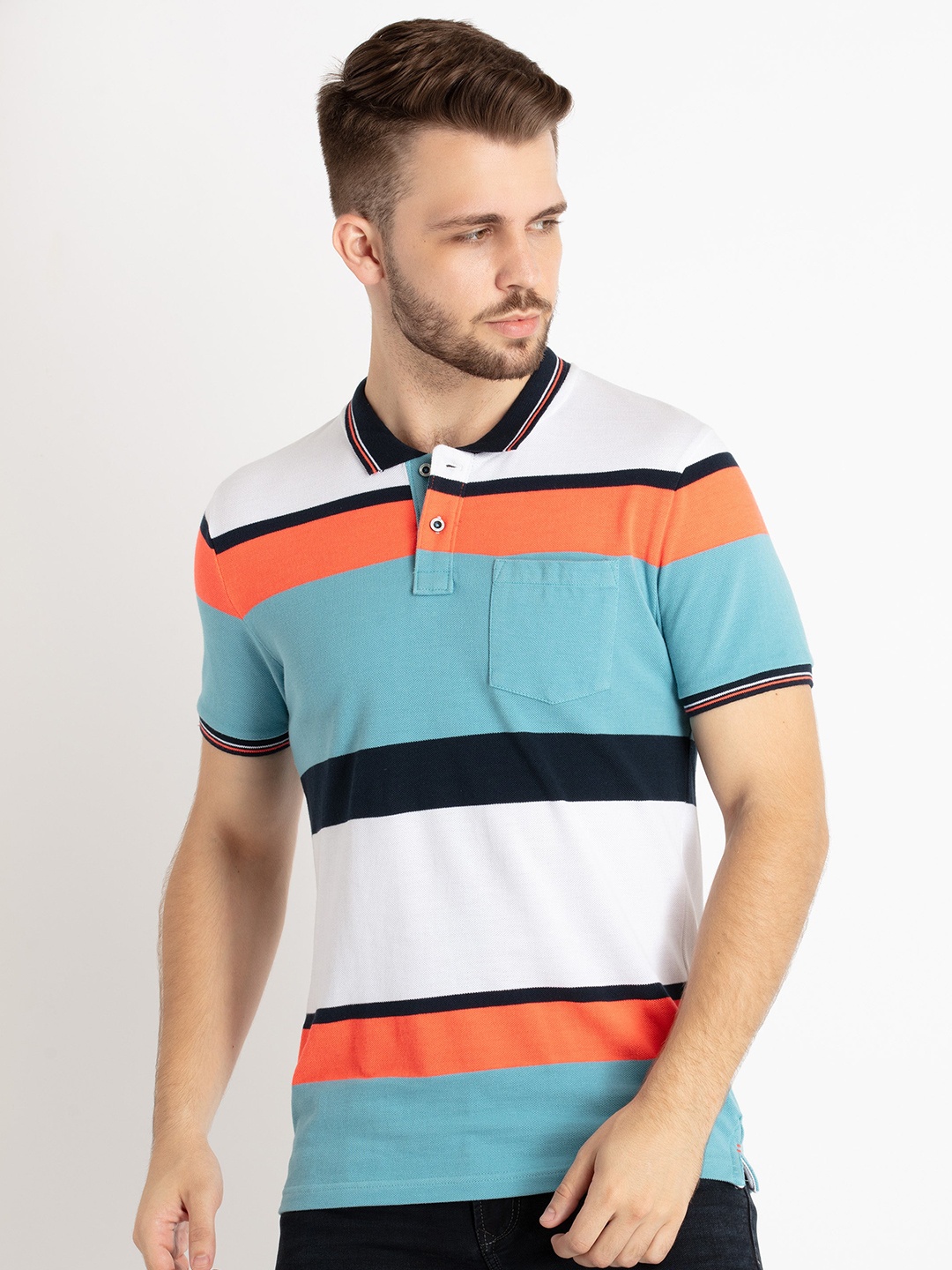 

Status Quo Striped Polo Collar T-shirt, Navy blue