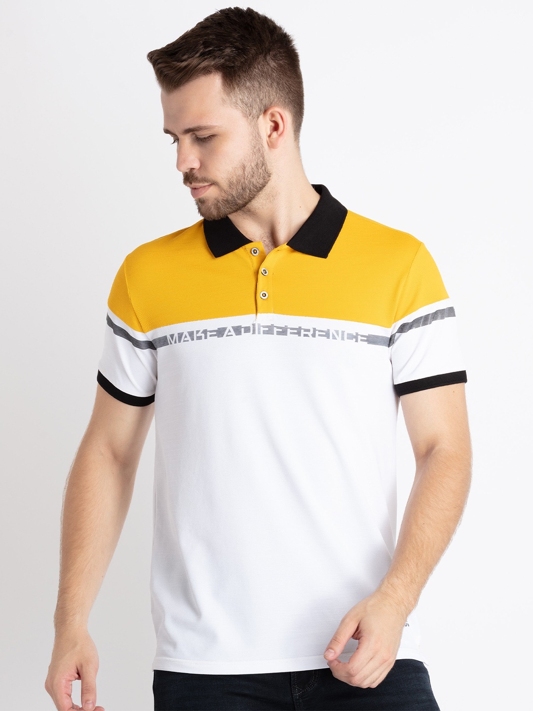 

Status Quo Colourblocked Polo Collar T-shirt, White