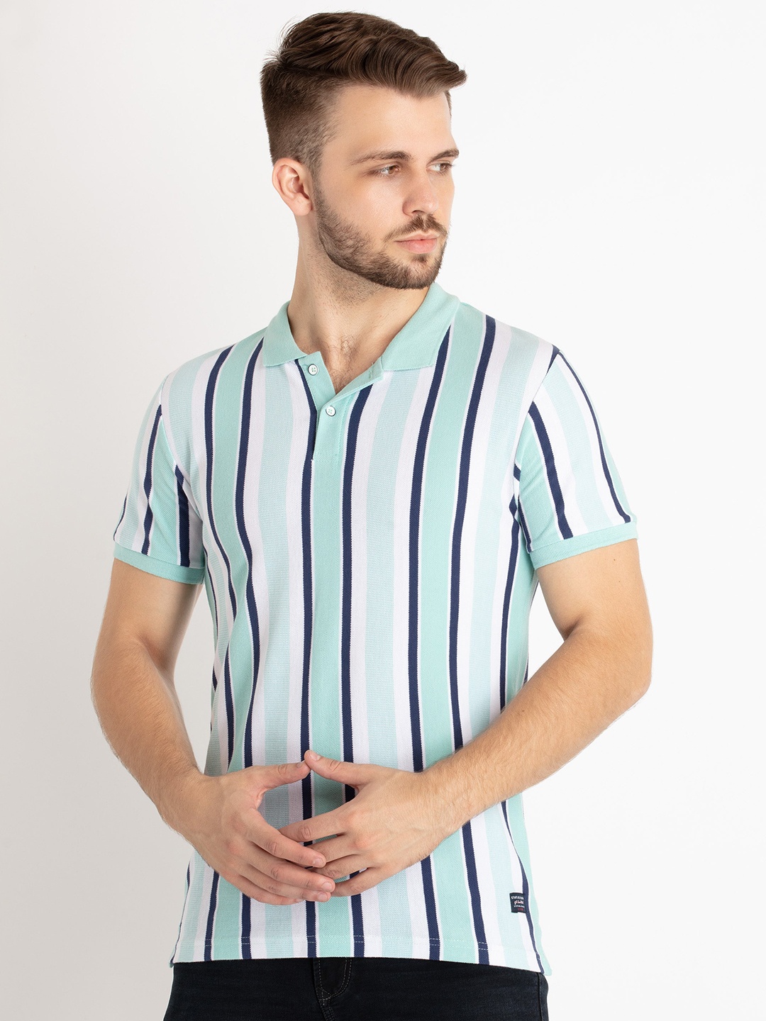 

Status Quo Striped Polo Collar T-shirt, Sea green