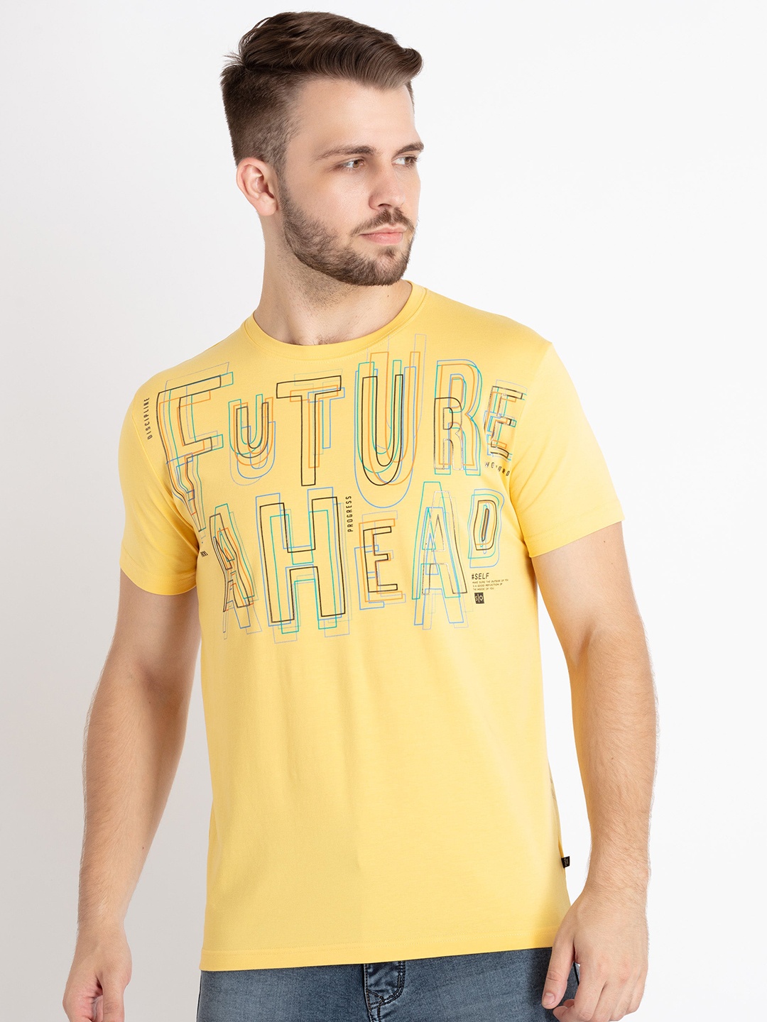 

Status Quo Typography Printed Round Neck Regular T-shirt, Yellow