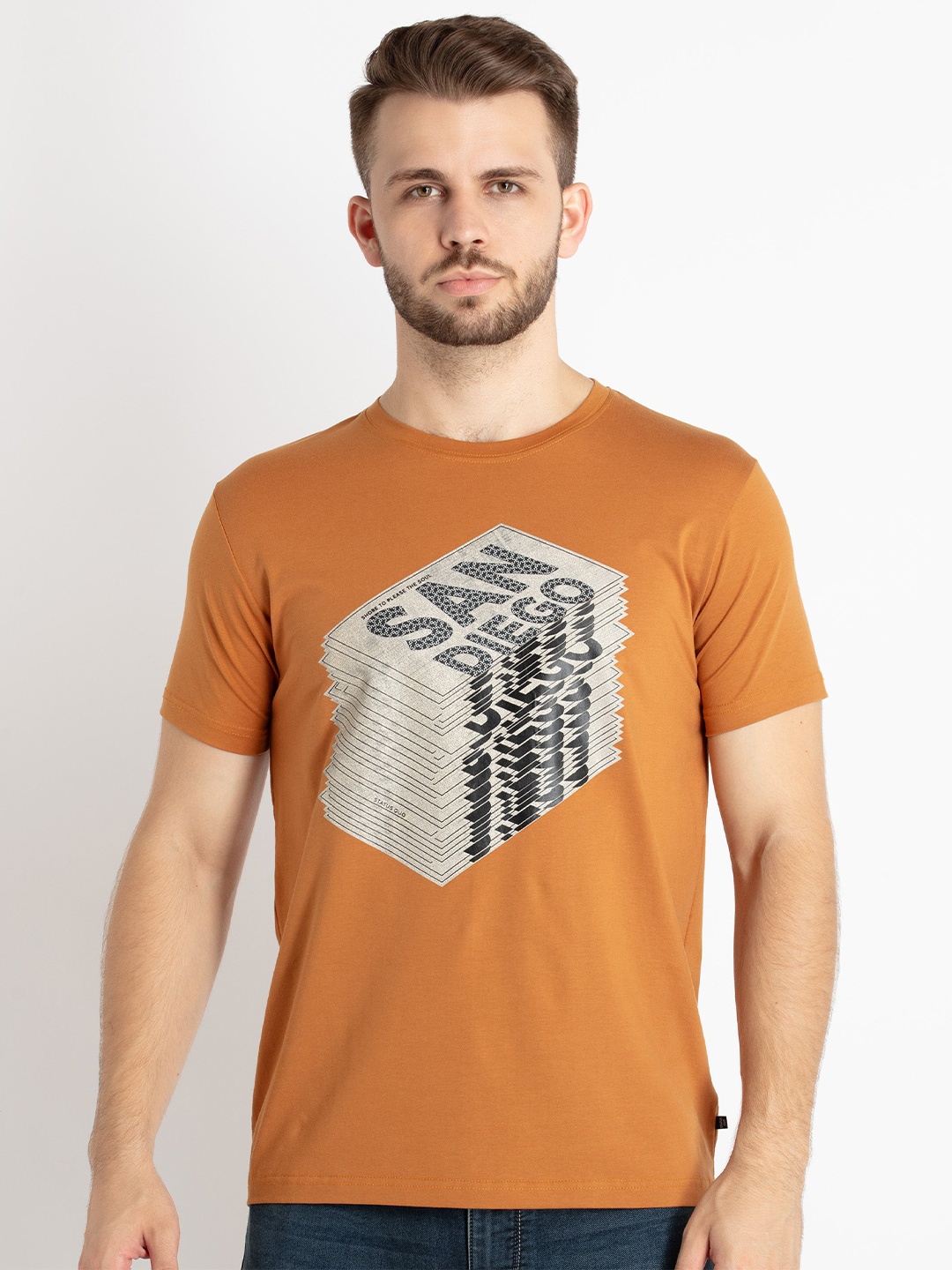 

Status Quo Typography Printed Cotton Round Neck T-shirt, Brown