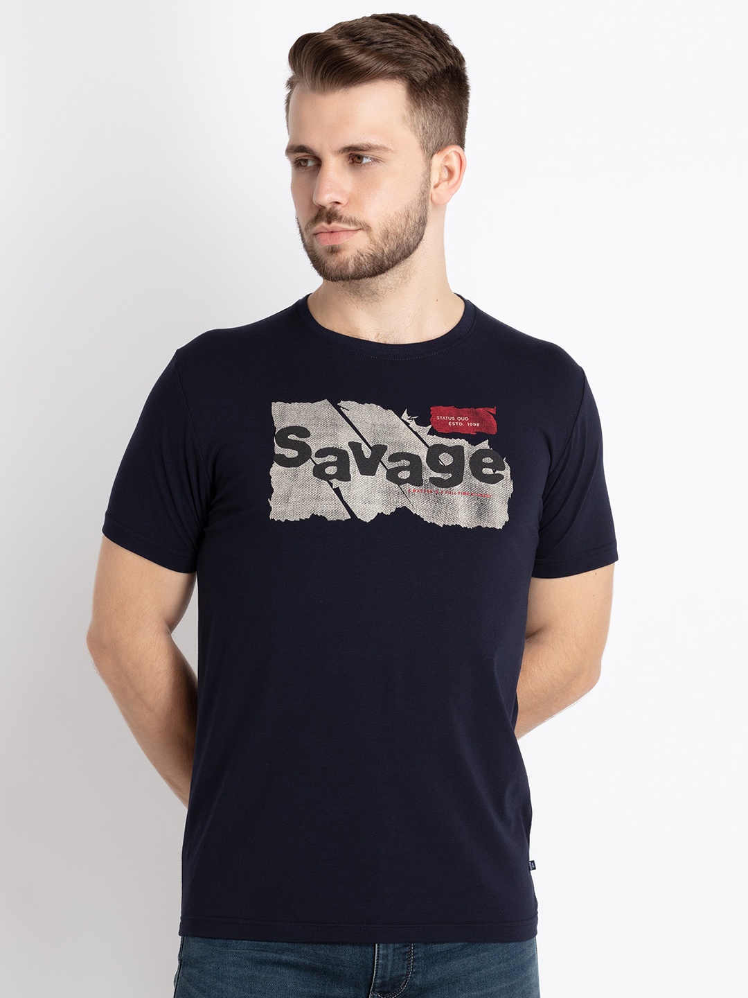 

Status Quo Typography Printed Round Neck T-shirt, Navy blue