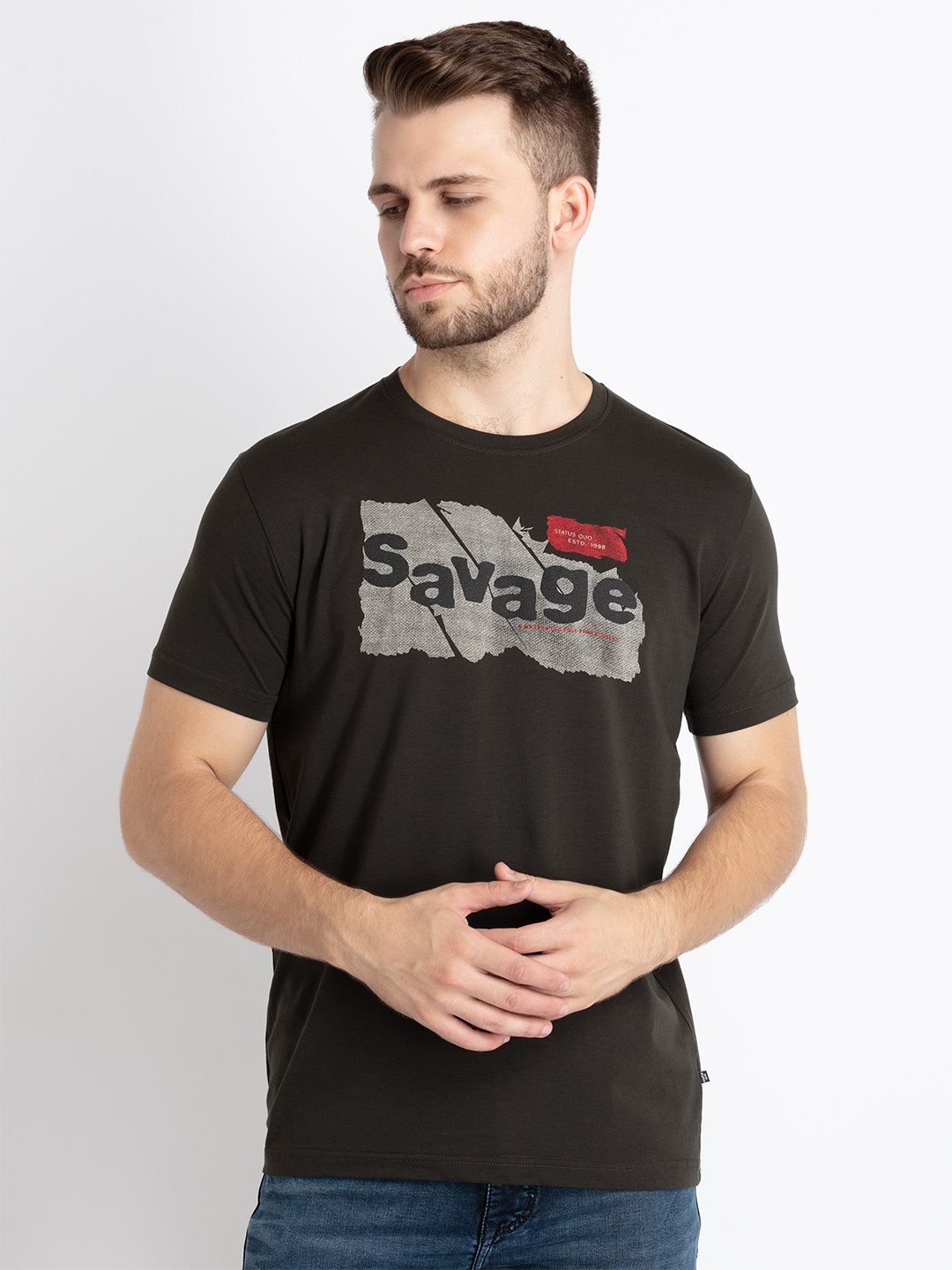 

Status Quo Typography Printed Cotton T-shirt, Olive