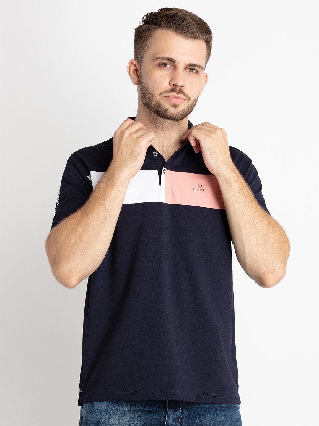 

Status Quo Colourblocked Polo Collar Cotton T-shirt, Navy blue