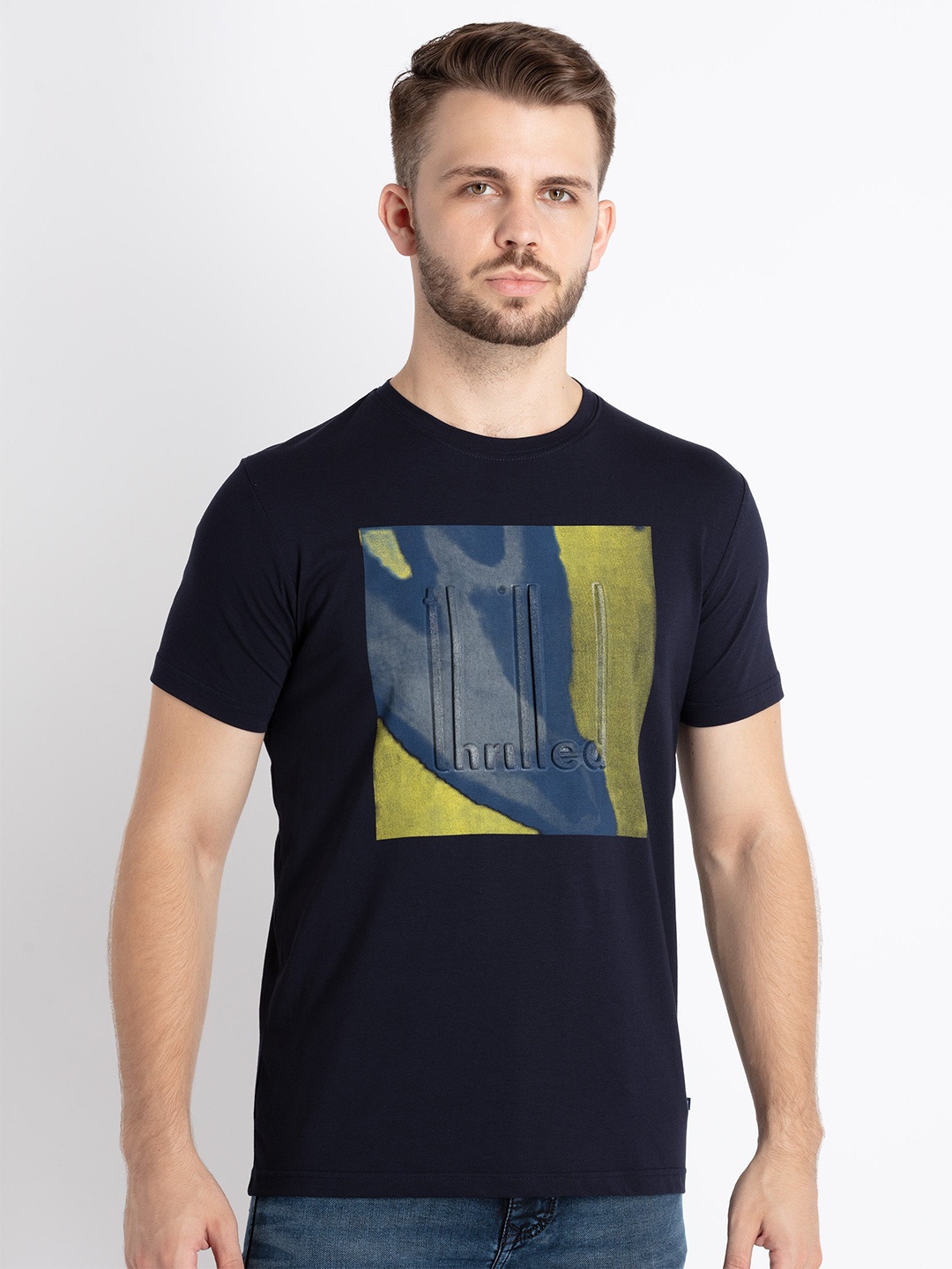 

Status Quo Graphic Printed Cotton T-shirt, Navy blue
