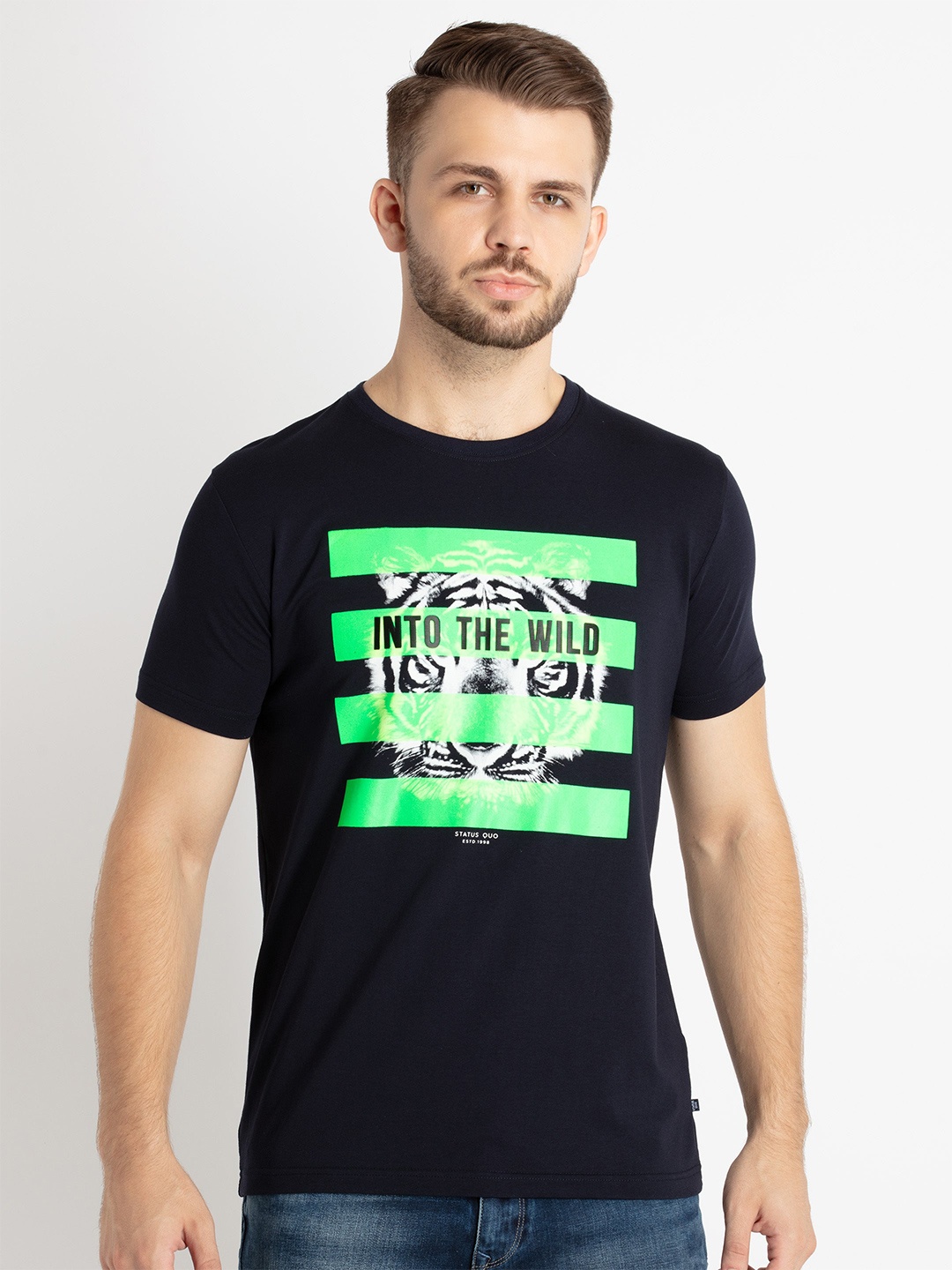 

Status Quo Graphic Printed Cotton T-shirt, Navy blue