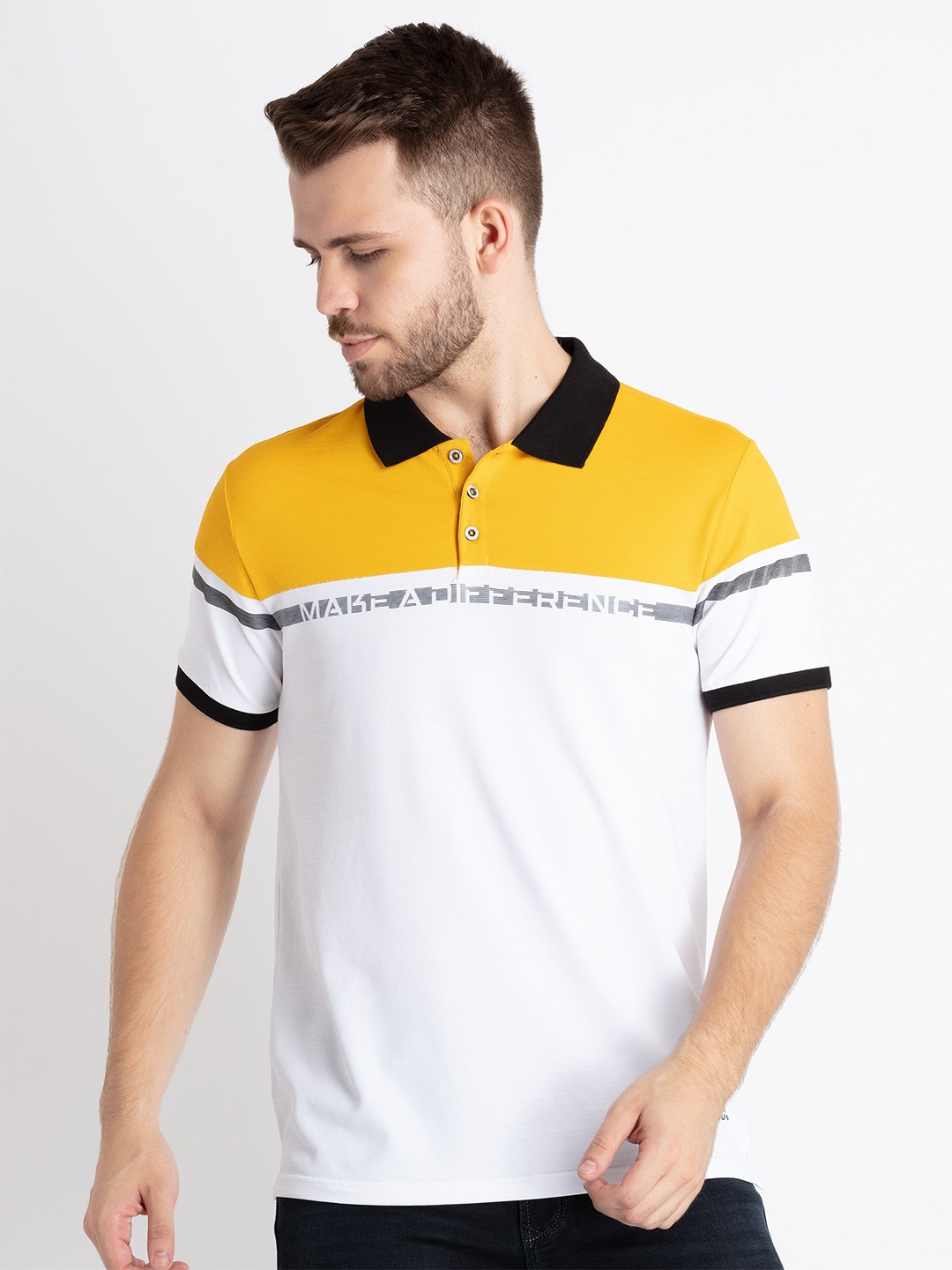 

Status Quo Colourblocked Polo Collar Cotton T-shirt, Yellow