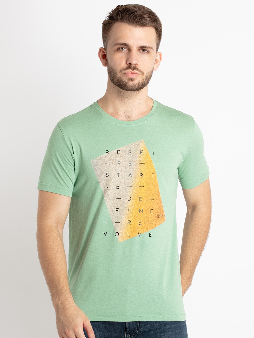 

Status Quo Typography Printed Round Neck Pure Cotton Regular T-shirt, Green