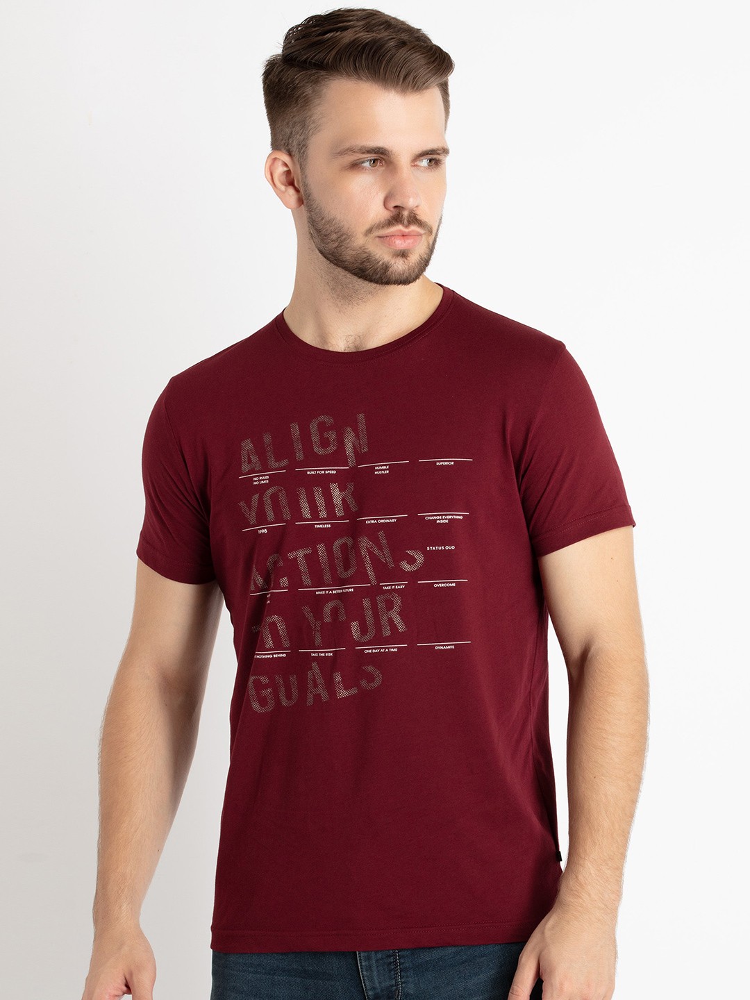 

Status Quo Typography Printed Round Neck Pure Cotton T-shirt, Maroon