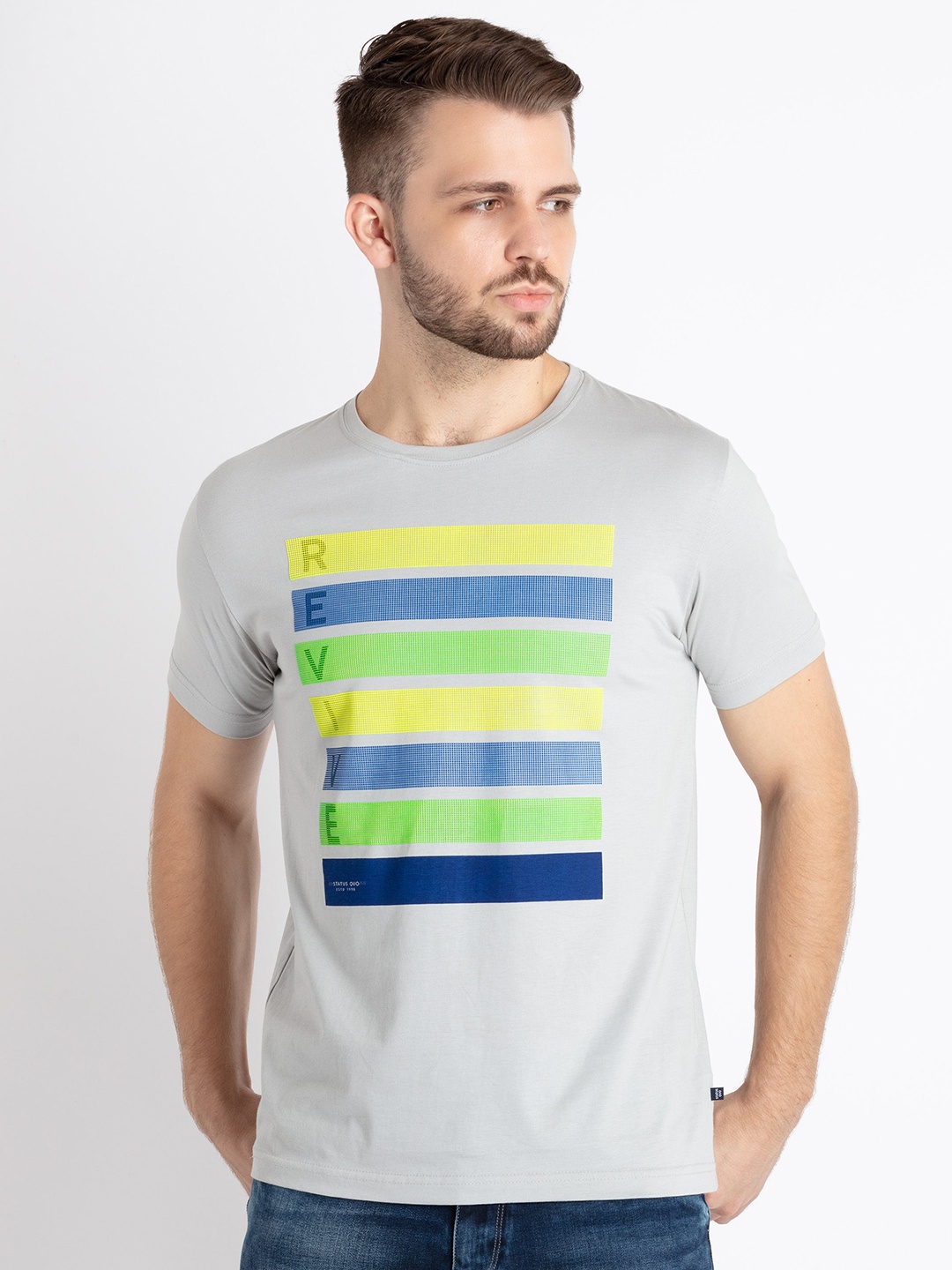 

Status Quo Graphic Printed Pure Cotton T-shirt, Grey