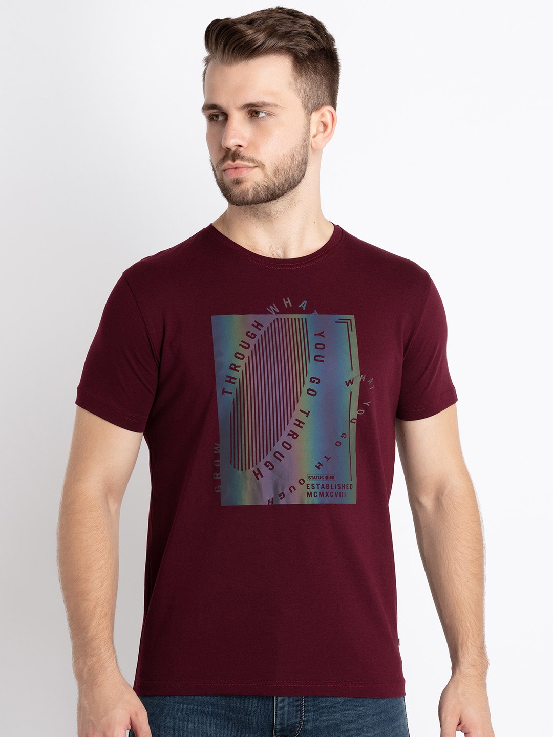 

Status Quo Graphic Printed Cotton T-shirt, Maroon