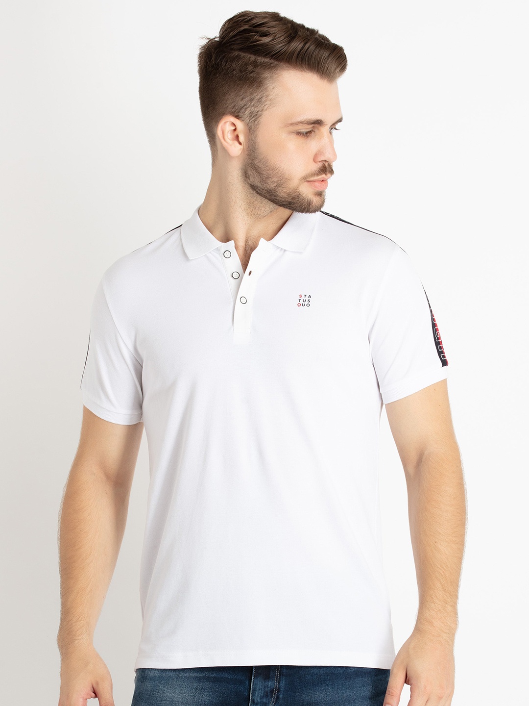 

Status Quo Typography Printed Polo Collar T-shirt, White