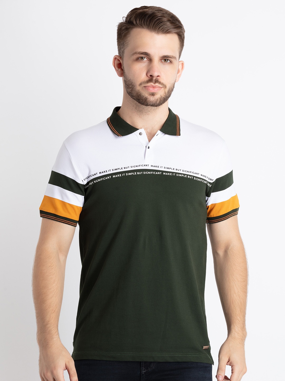 

Status Quo Polo Collar Colourblocked Cotton T-shirt, Olive