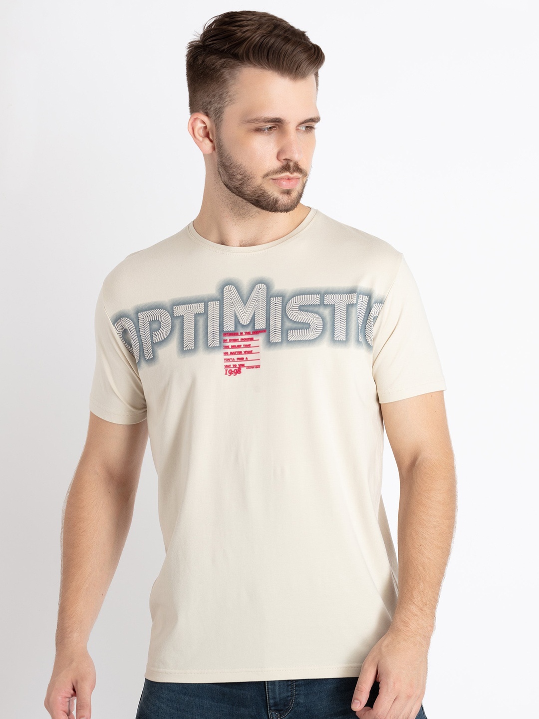 

Status Quo Typography Printed Round Neck T-shirt, Beige
