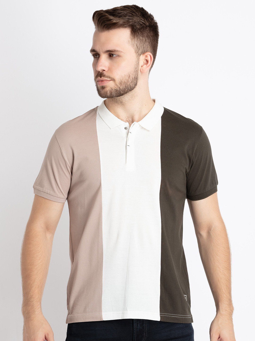 

Status Quo Colourblocked Polo Collar Pure Cotton T-shirt, Beige