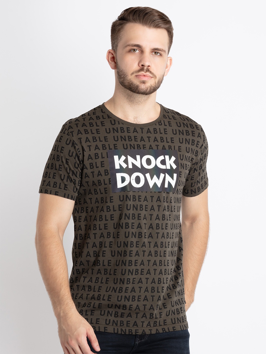 

Status Quo Typography Printed Round Neck Pure Cotton T-shirt, Olive