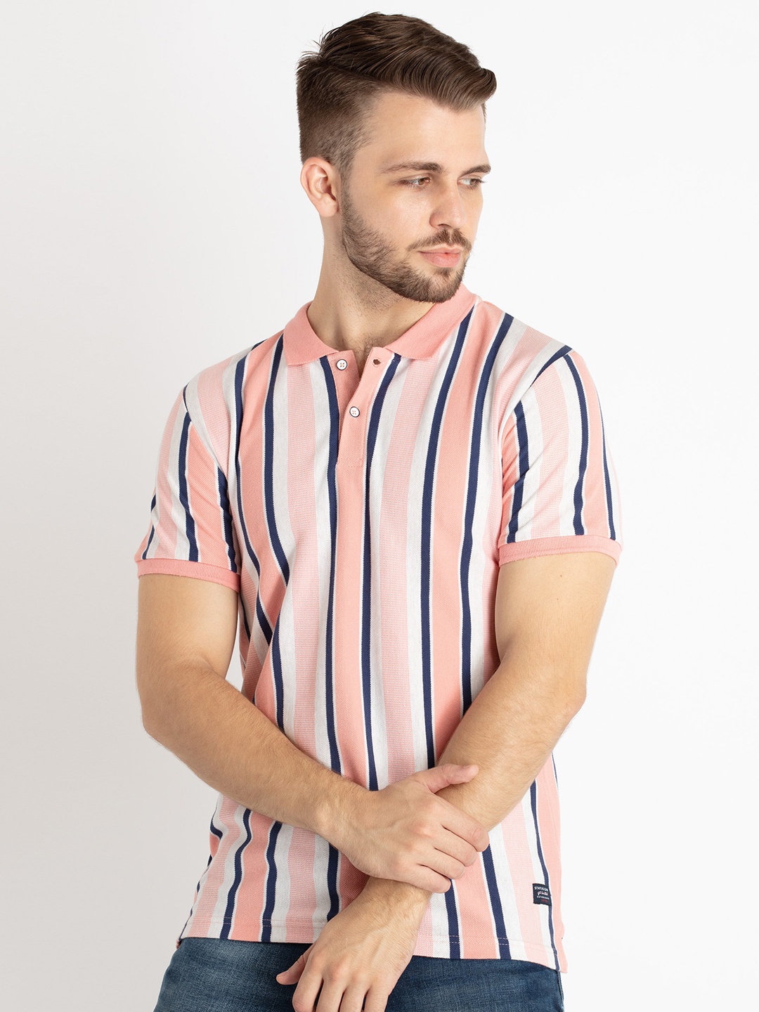 

Status Quo Striped Polo Collar T-shirt, Coral