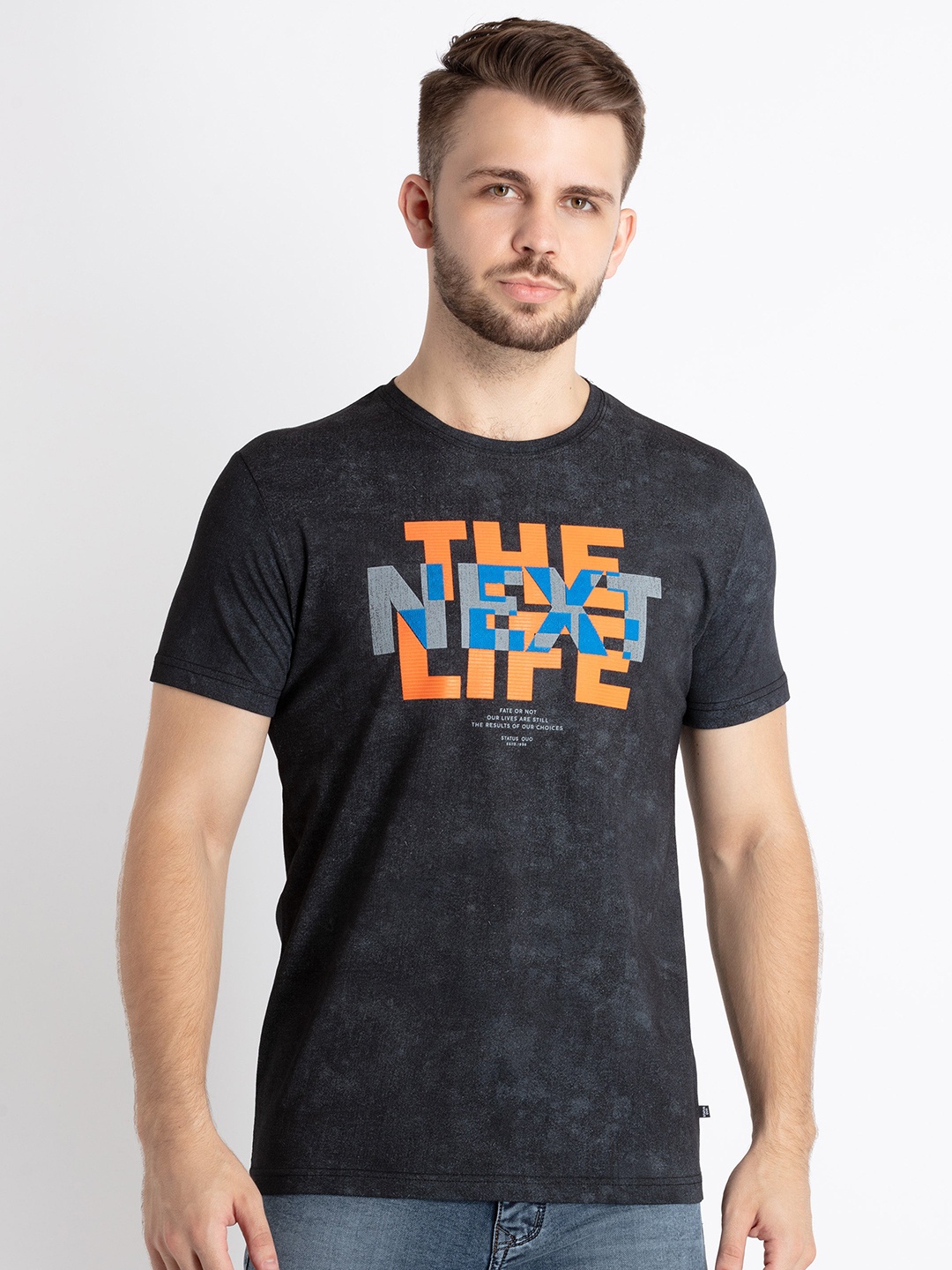 

Status Quo Typography Printed Pure Cotton T-shirt, Black