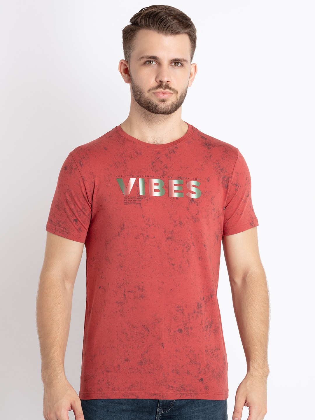 

Status Quo Typography Printed Pure Cotton T-shirt, Coral