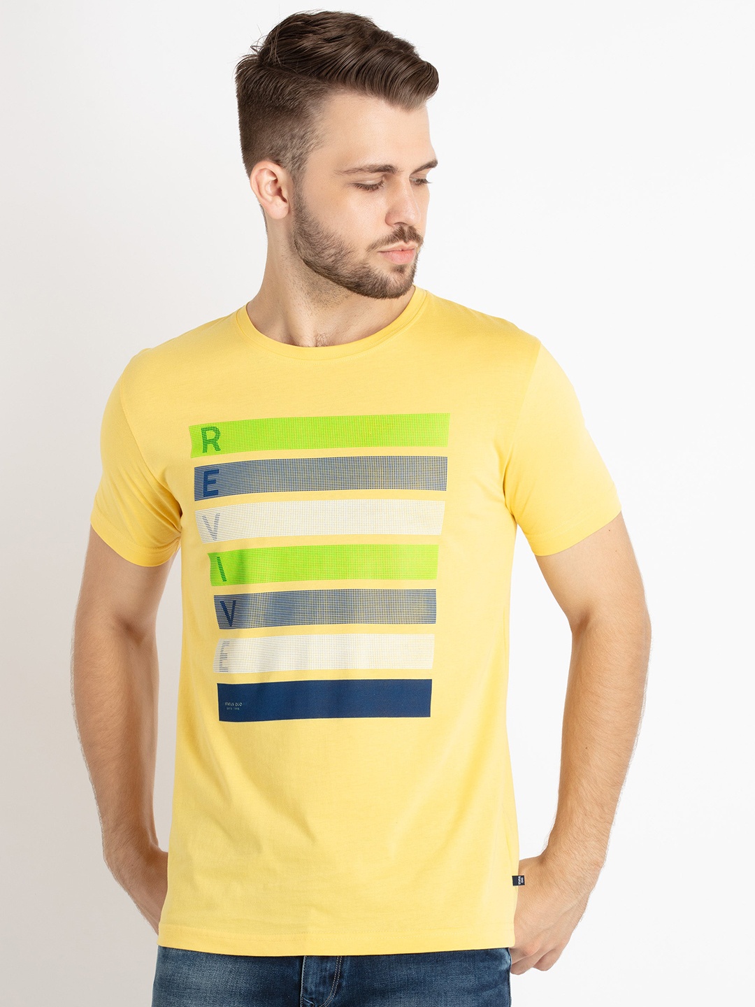 

Status Quo Striped Round Neck Pure Cotton Regular T-shirt, Yellow