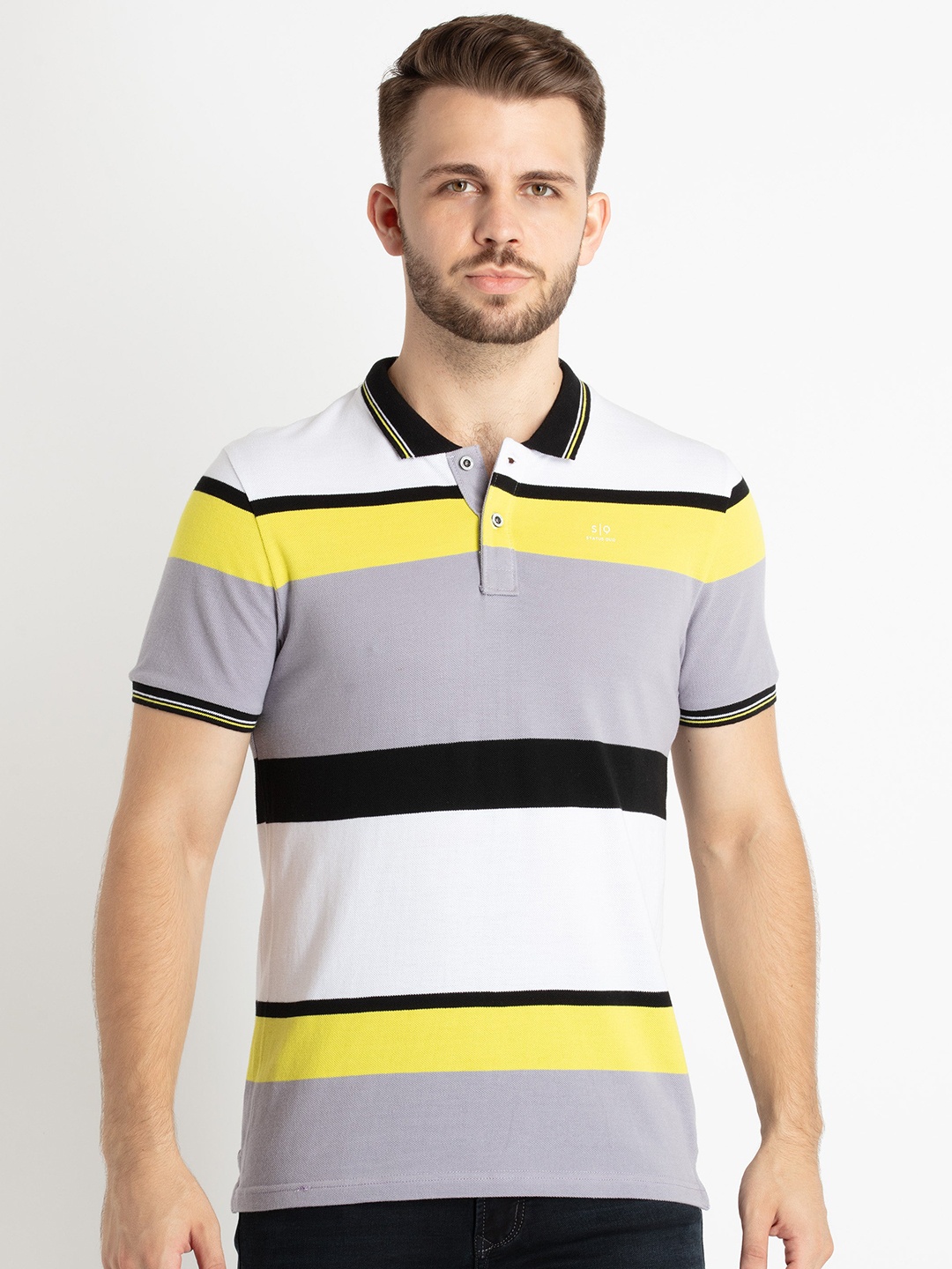 

Status Quo Striped Polo Collar Cotton T-shirt, Black