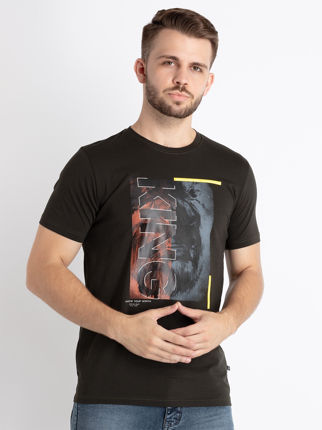 

Status Quo Graphic Printed Cotton T-shirt, Olive