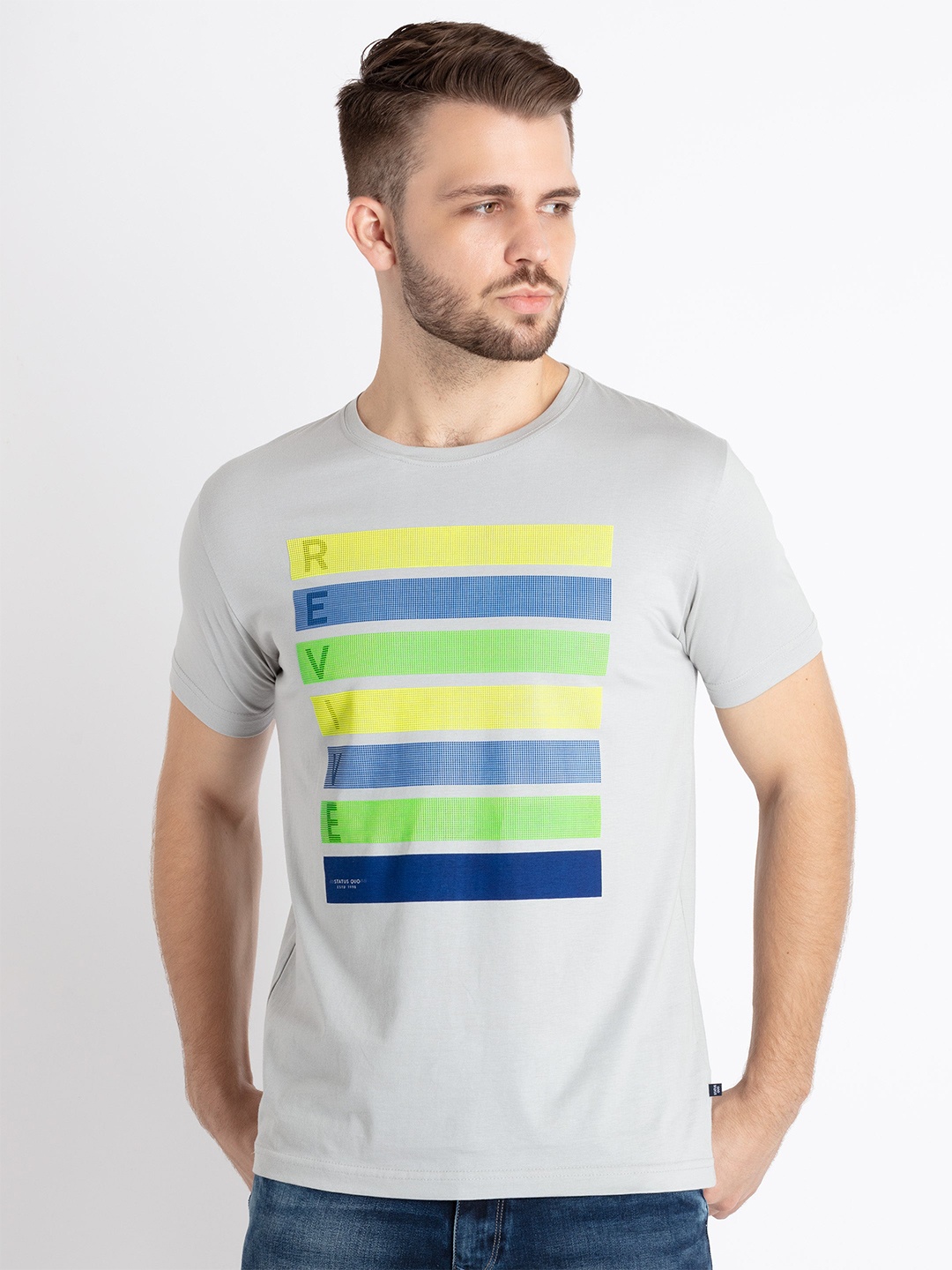

Status Quo Typography Printed Pure Cotton T-shirt, Grey
